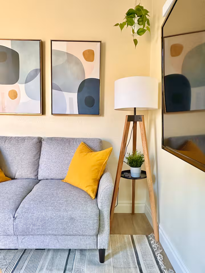 Living room with sofa and gallery wall